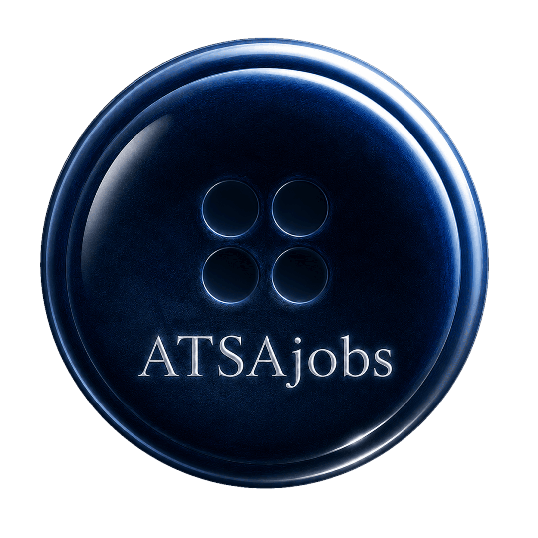 Round navy sewing button showing ATSAjobs text