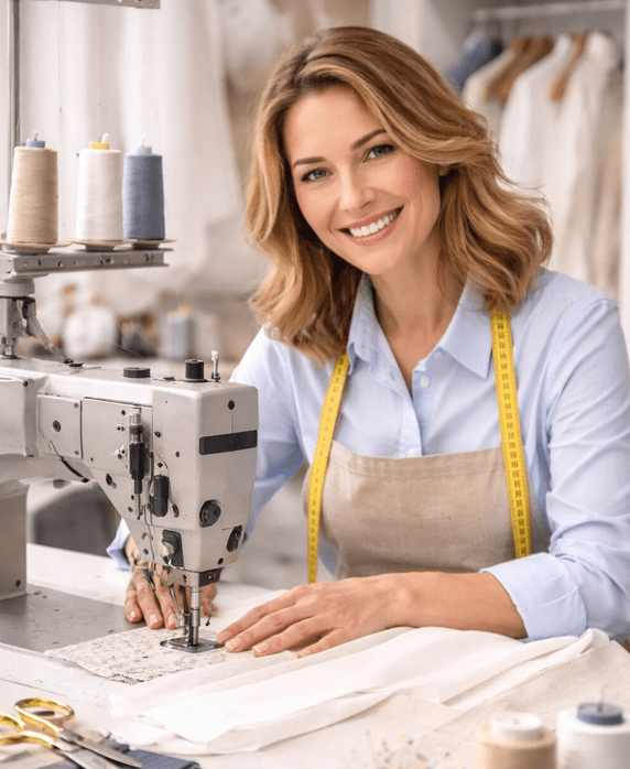 Smiling woman sewing with a sewing machine.