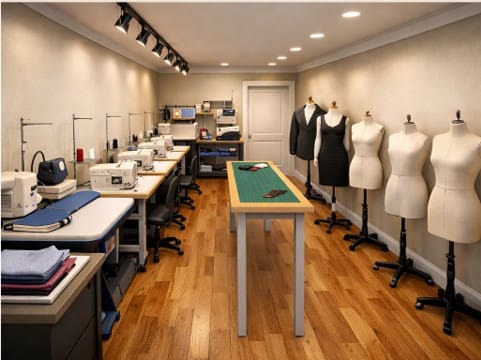 Long sewing workstation with dress forms